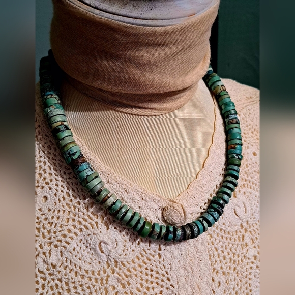 Southwestern 925 Sterling Silver Turquoise Heishi Bead Necklace 18" - Picture 7 of 8